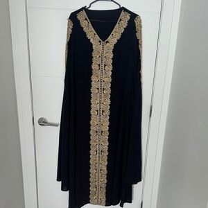 Black Dress with Gold Embroidered Trim - Women's Elegant Caftan